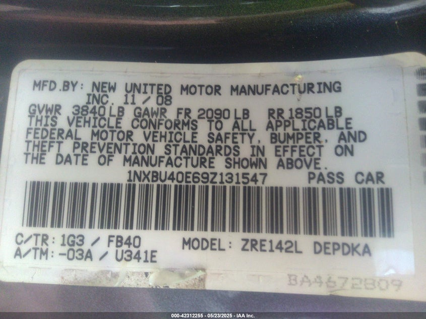 2009 TOYOTA COROLLA VIN: 1NXBU40E69Z131547