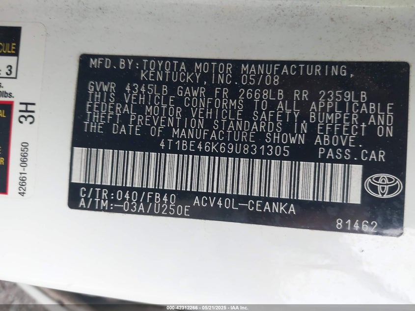 2009 TOYOTA CAMRY VIN: 4T1BE46K69U831305