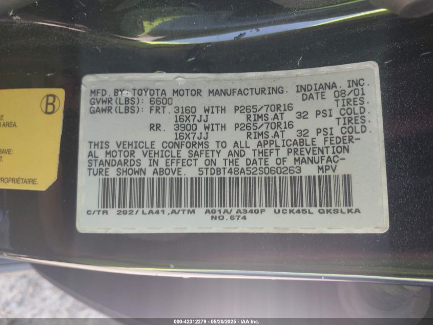 2002 Toyota Sequoia Limited VIN: 5TDBT48A52S060263 Lot: 42312279