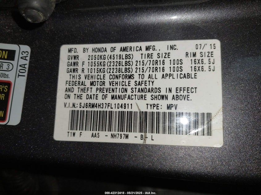2015 HONDA CR-V LX - 5J6RM4H37FL104911
