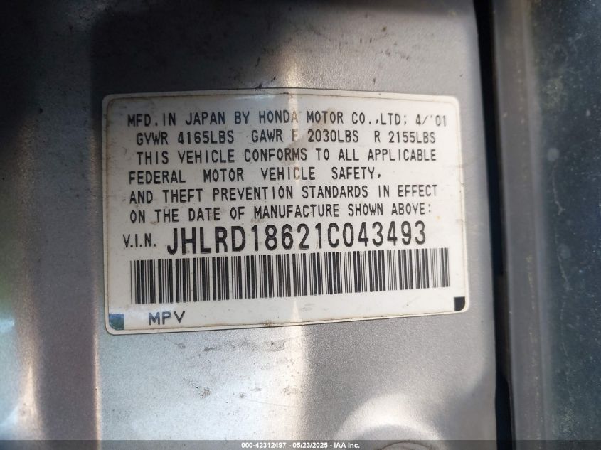 2001 Honda Cr-V Ex VIN: JHLRD18621CO43493 Lot: 42312497