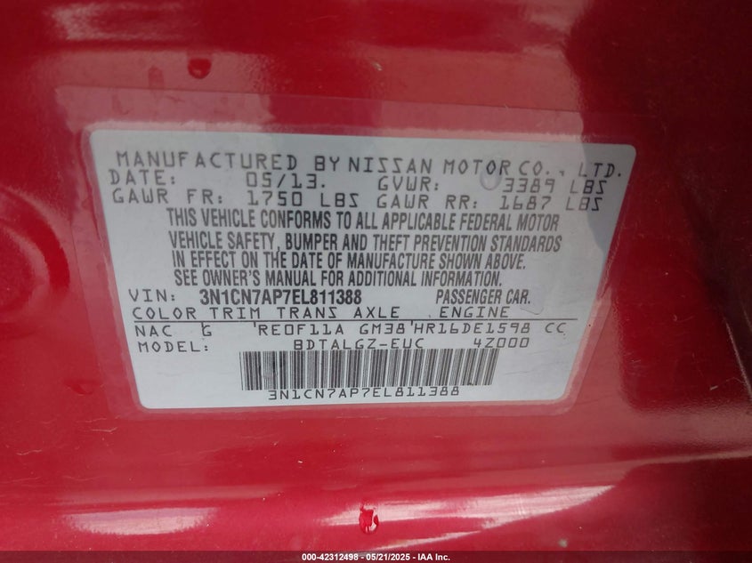 2014 NISSAN VERSA 1.6 SL - 3N1CN7AP7EL811388