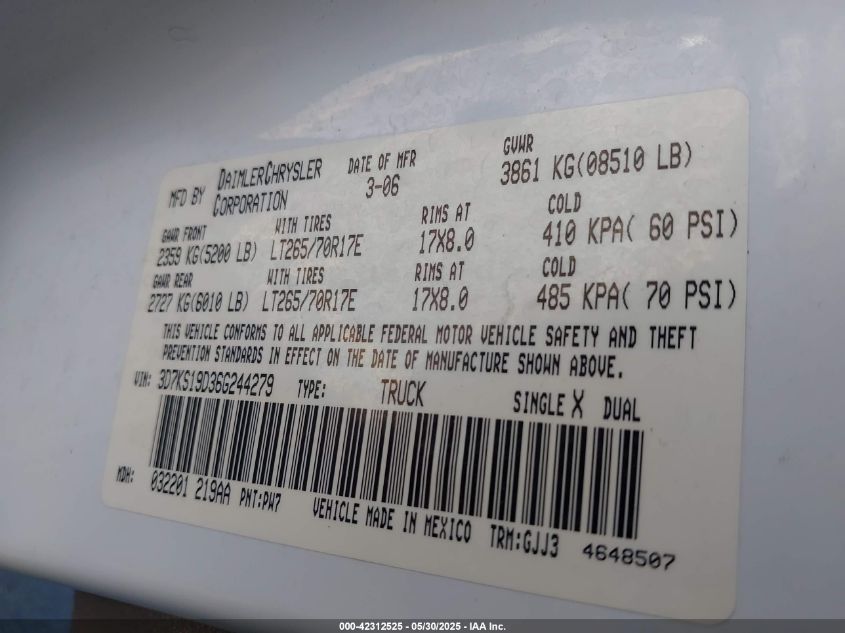 2006 Dodge Ram 1500 Laramie VIN: 3D7KS19D36G244279 Lot: 42312525