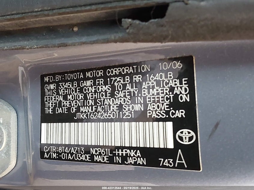 2006 SCION XA VIN: JTKKT624265011251