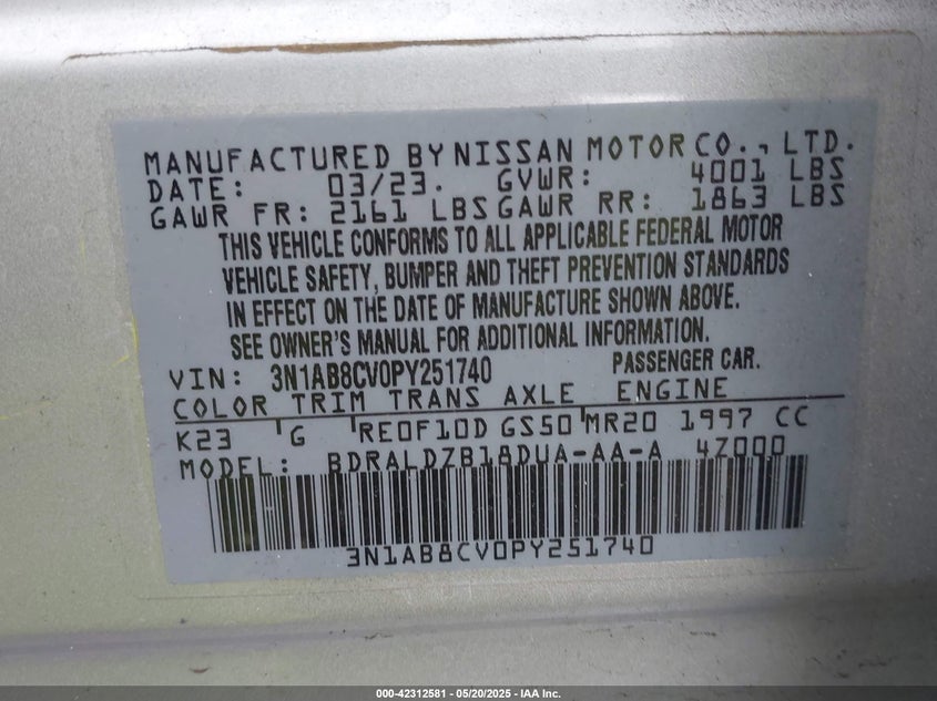 2023 NISSAN SENTRA VIN: 3N1AB8CV0PY251740