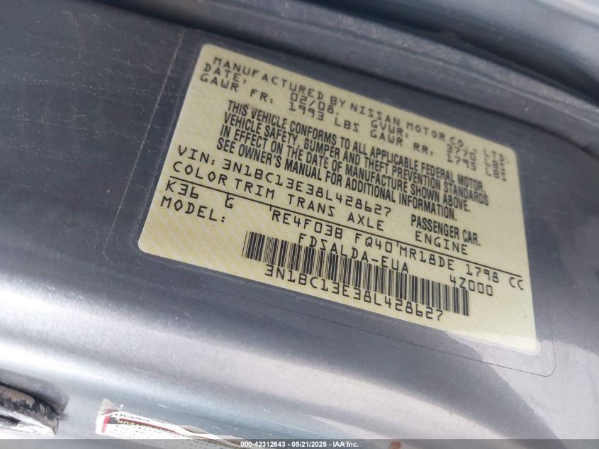 2008 Nissan Versa 1.8S VIN: 3N1BC13E38L428627 Lot: 42312643