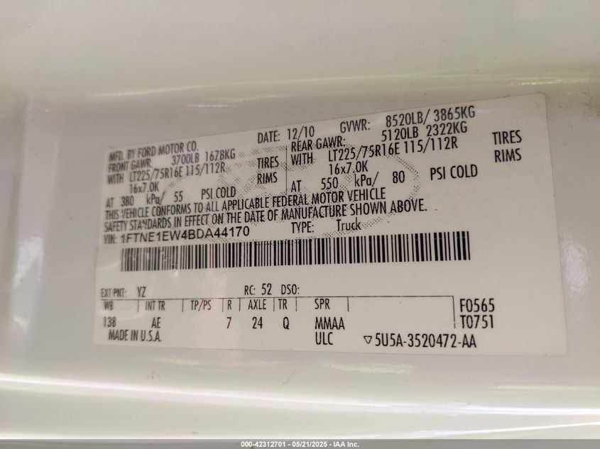 2011 Ford E-150 Commercial VIN: 1FTNE1EW4BDA44170 Lot: 42312701