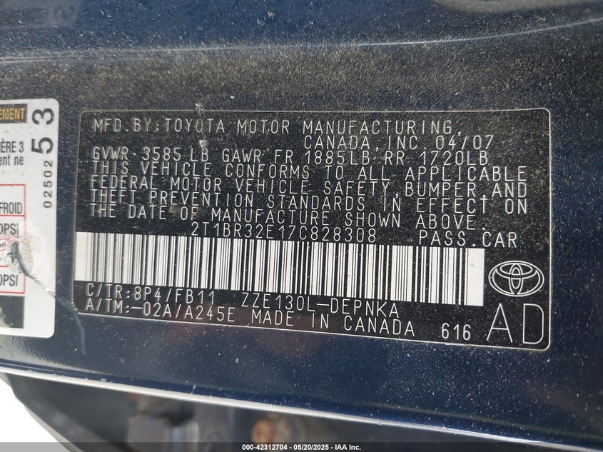 2007 Toyota Corolla Ce/Le/S VIN: 2T1BR32E17C828308 Lot: 42312704