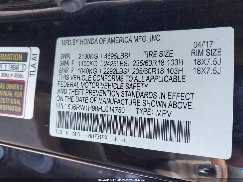 2017 HONDA CR-V TOURING - 5J6RW1H98HL014750