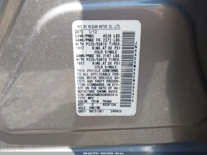 2012 Nissan Rogue Sv W/Sl Pkg VIN: JN8AS5MVXCW390418 Lot: 42312751