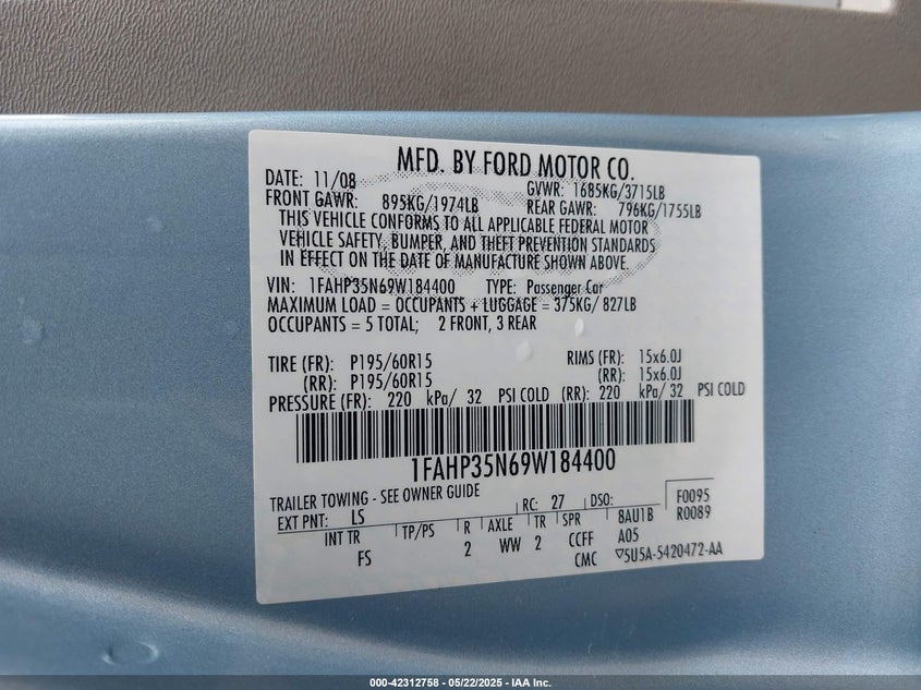 2009 FORD FOCUS VIN: 1FAHP35N69W184400