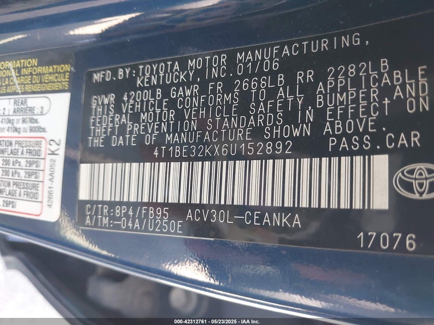 2006 TOYOTA CAMRY VIN: 4T1BE32KX6U152892