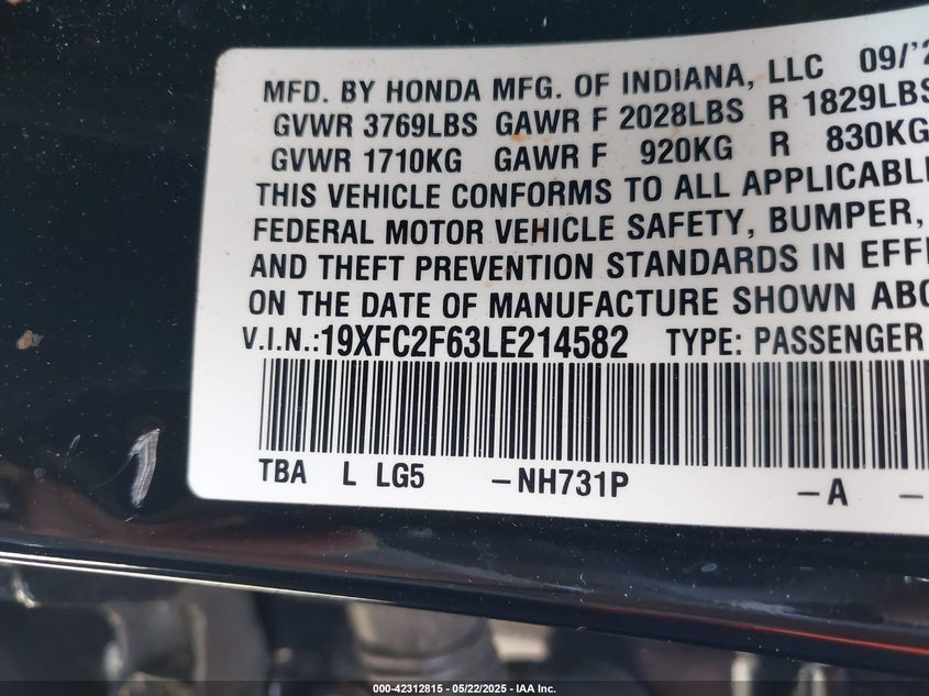 2020 HONDA CIVIC VIN: 19XFC2F63LE214582