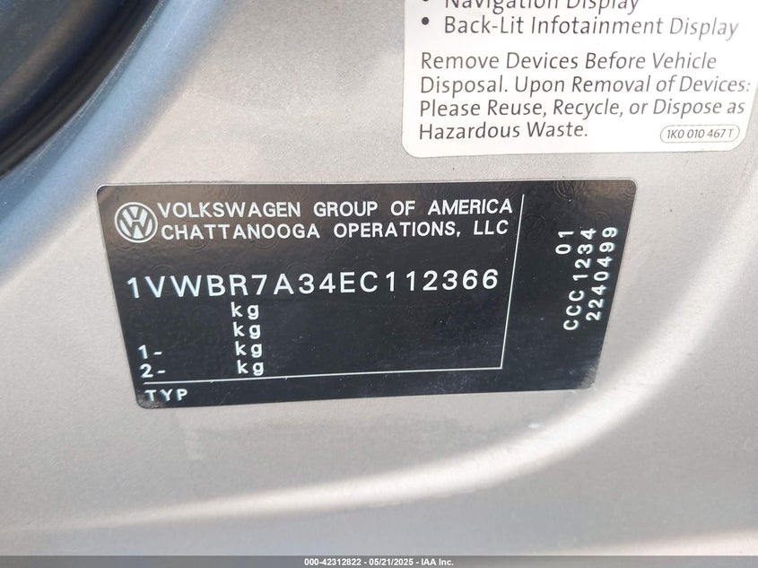 2014 Vw Passat S Automatic VIN: 1VWBR7A34EC112366 Lot: 42312822