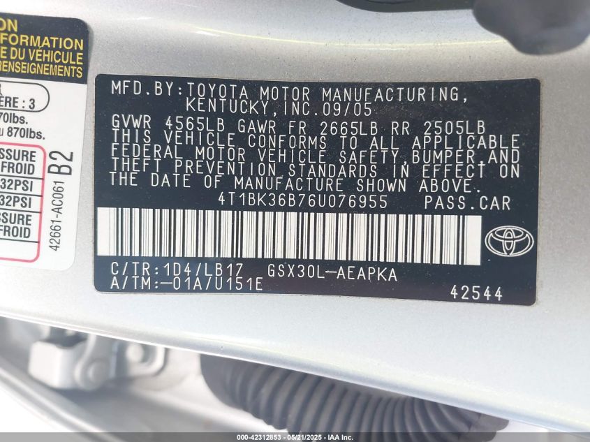 2006 Toyota Avalon Limited VIN: 4T1BK36B76U076955 Lot: 42312853