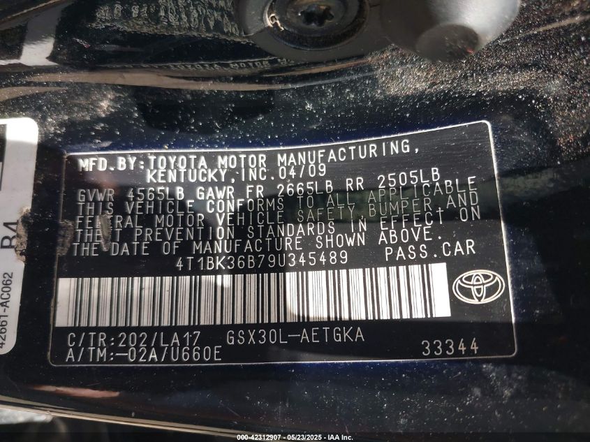 2009 Toyota Avalon Xls VIN: 4T1BK36B79U345489 Lot: 42312907