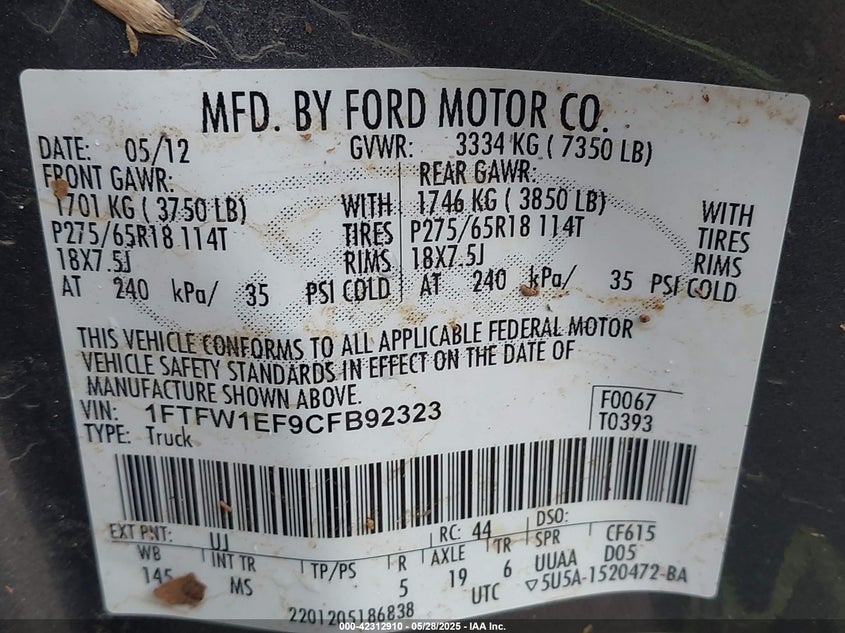 2012 FORD F150 VIN: 1FTFW1EF9CFB92323