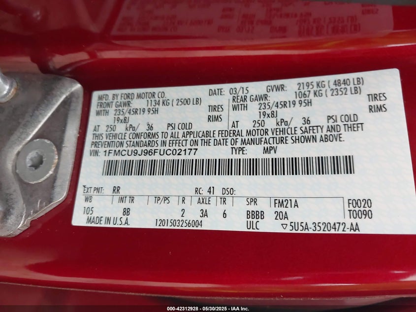 2015 FORD ESCAPE VIN: 1FMCU9J96FUC02177