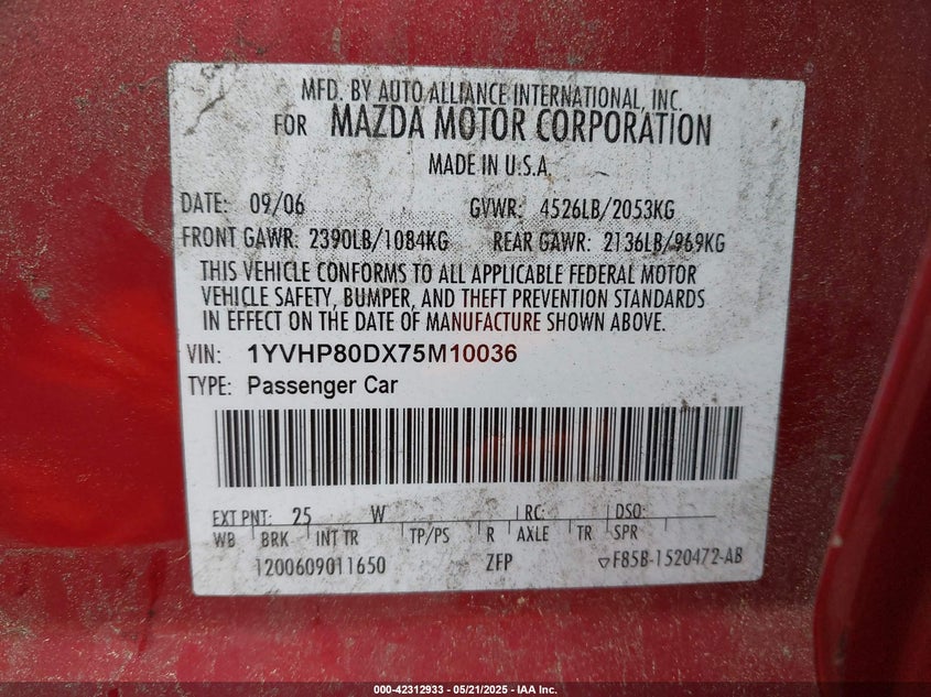 2007 MAZDA MAZDA6 VIN: 1YVHP80DX75M10036