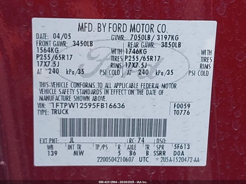 2005 Ford F-150 Lariat/Xlt VIN: 1FTPW12595FB16636 Lot: 42312964