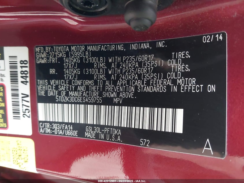 2014 Toyota Sienna L V6 7 Passenger VIN: 5TDZK3DC6ES459755 Lot: 42312991