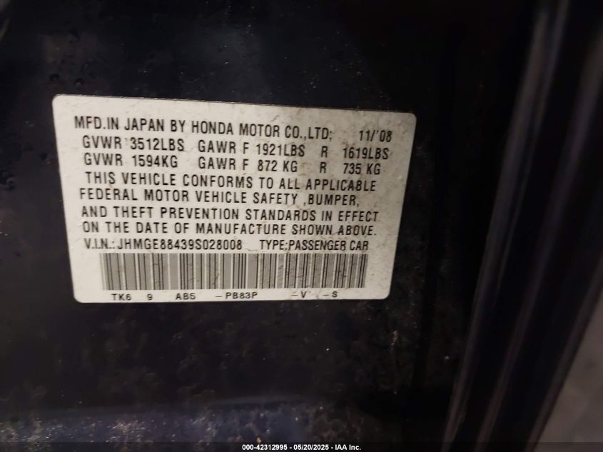 2009 Honda Fit Sport VIN: JHMGE88439S028008 Lot: 42312995