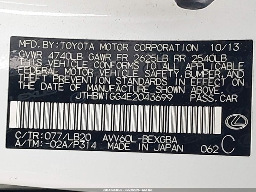2014 LEXUS ES 300H VIN: JTHBW1GG4E2043699