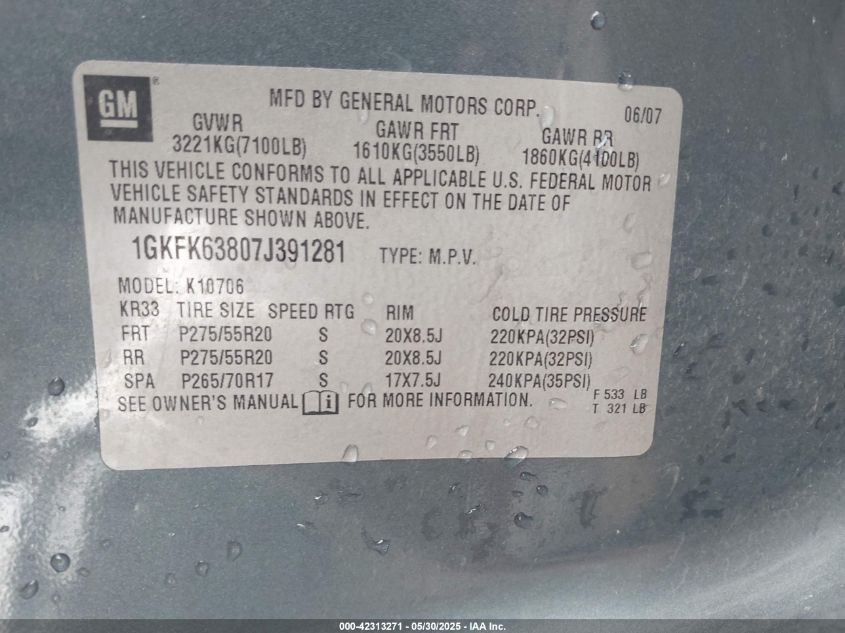 2007 GMC Yukon Denali VIN: 1GKFK63807J391281 Lot: 42313271