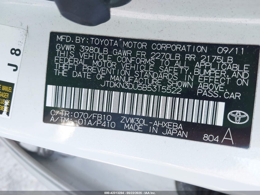 2011 TOYOTA PRIUS VIN: JTDKN3DU5B5315522