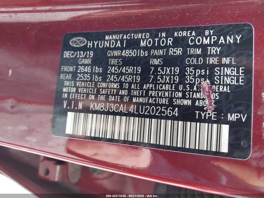 2020 HYUNDAI TUCSON VIN: KM8J3CAL4LU202564
