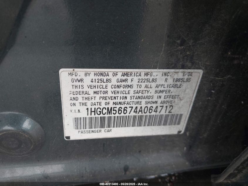 2004 Honda Accord 2.4 Ex VIN: 1HGCM56674A064712 Lot: 42313400