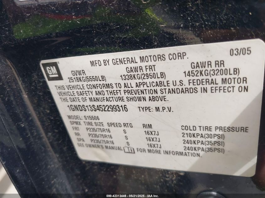 2005 Chevrolet Trailblazer Ls VIN: 1GNDS13S452299316 Lot: 42313446