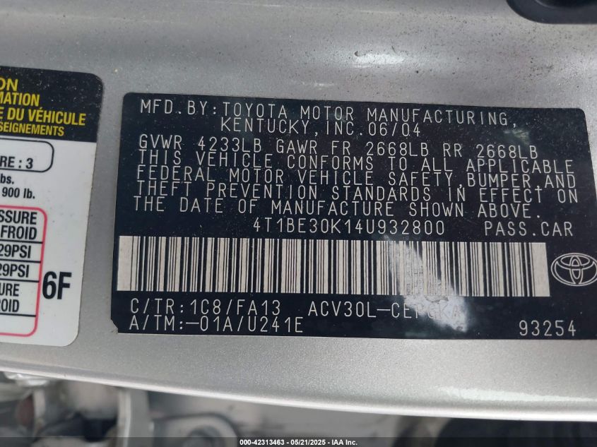 2004 Toyota Camry Xle VIN: 4T1BE30K14U932800 Lot: 42313463