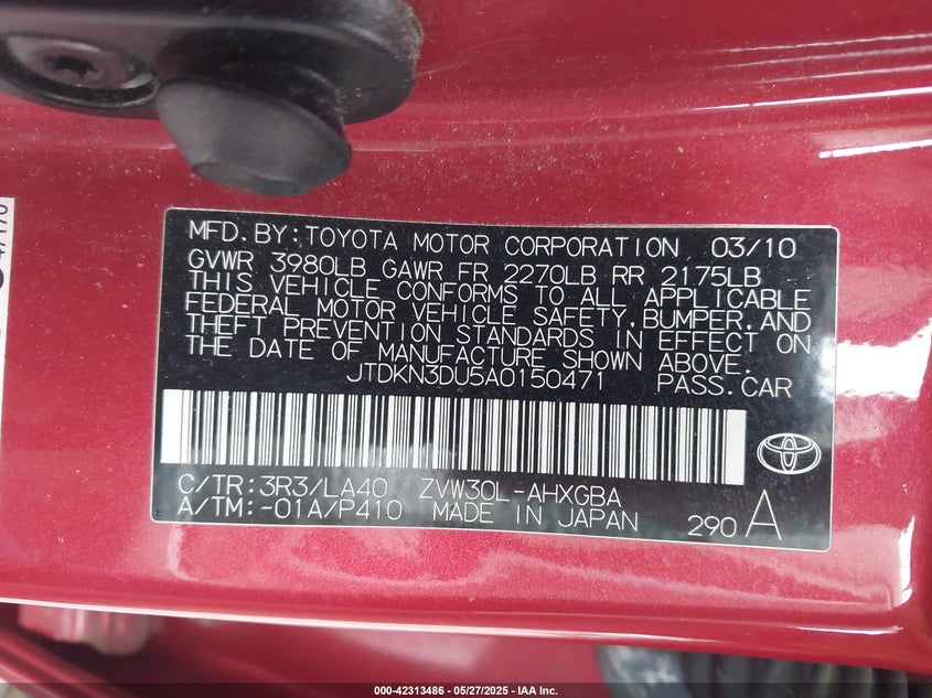2010 TOYOTA PRIUS VIN: JTDKN3DU5A0150471