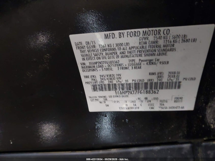 2015 FORD TAURUS VIN: 1FAHP2KT7FG188362