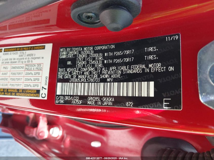 2020 Toyota 4Runner Trd Off Road Premium VIN: JTEBU5JR0L5780723 Lot: 42313577