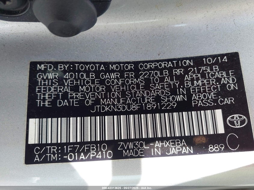2015 TOYOTA PRIUS VIN: JTDKN3DU8F1891229