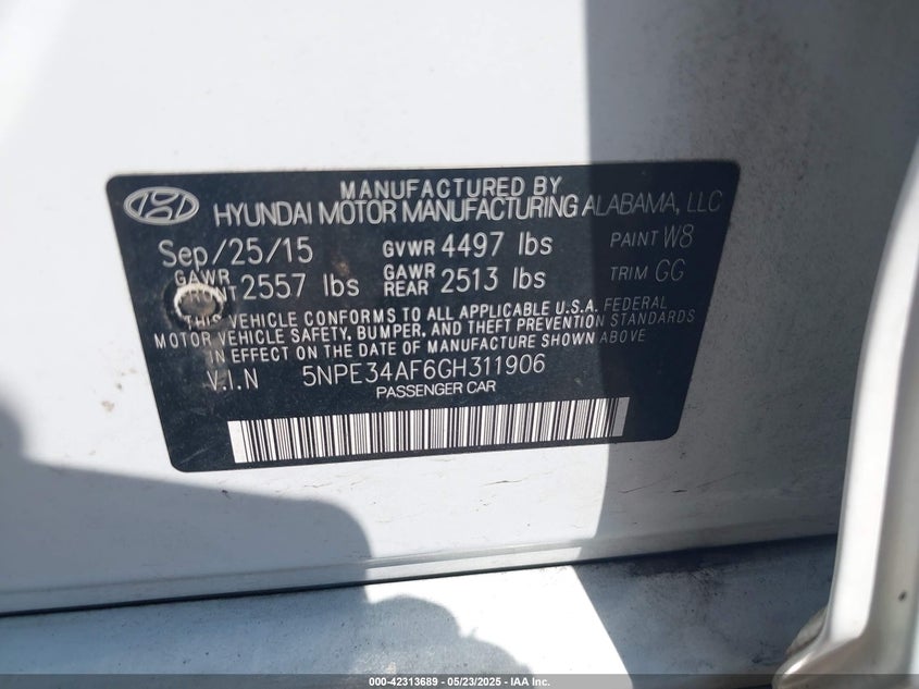 2016 HYUNDAI SONATA VIN: 5NPE34AF6GH311906