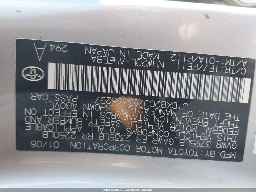 2008 Toyota Prius VIN: JTDKB20U783366257 Lot: 42313695