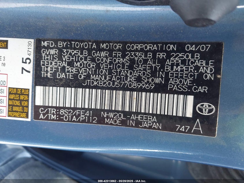 2007 TOYOTA PRIUS VIN: JTDKB20U577089969