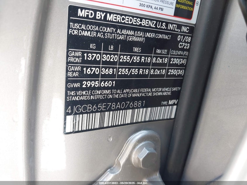 2008 MERCEDES-BENZ R 350 VIN: 4JGCB65E78A076881