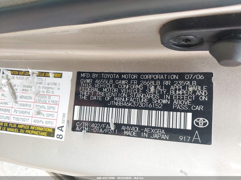 2007 TOYOTA CAMRY VIN: JTNBB46K373016152