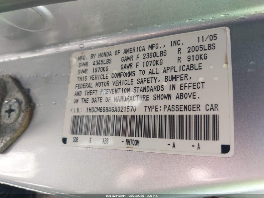 2006 HONDA ACCORD VIN: 1HGCM66846A021570