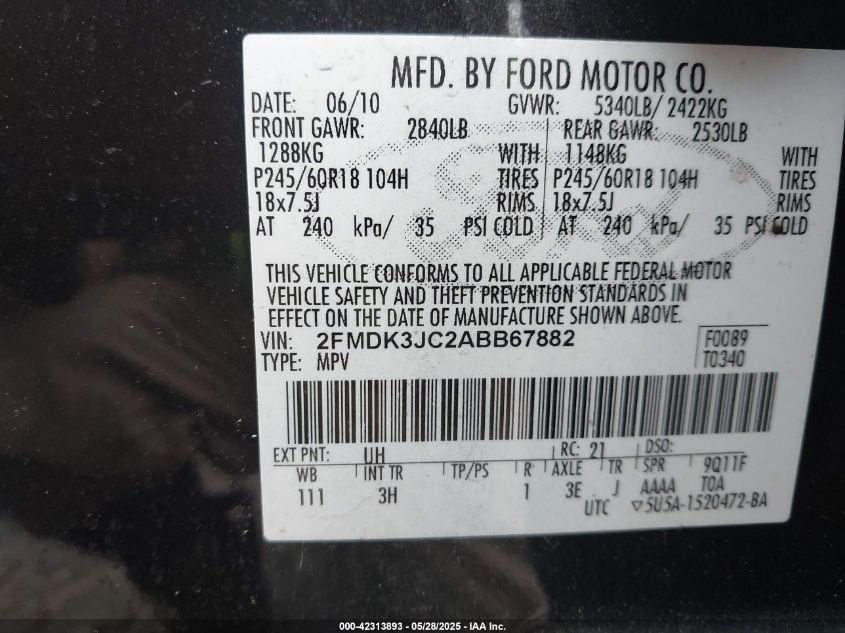 2010 Ford Edge Sel VIN: 2FMDK3JC2ABB67882 Lot: 42313893