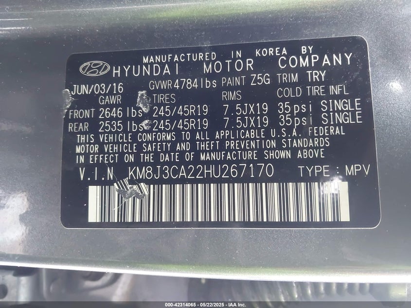 2017 HYUNDAI TUCSON VIN: KM8J3CA22HU267170