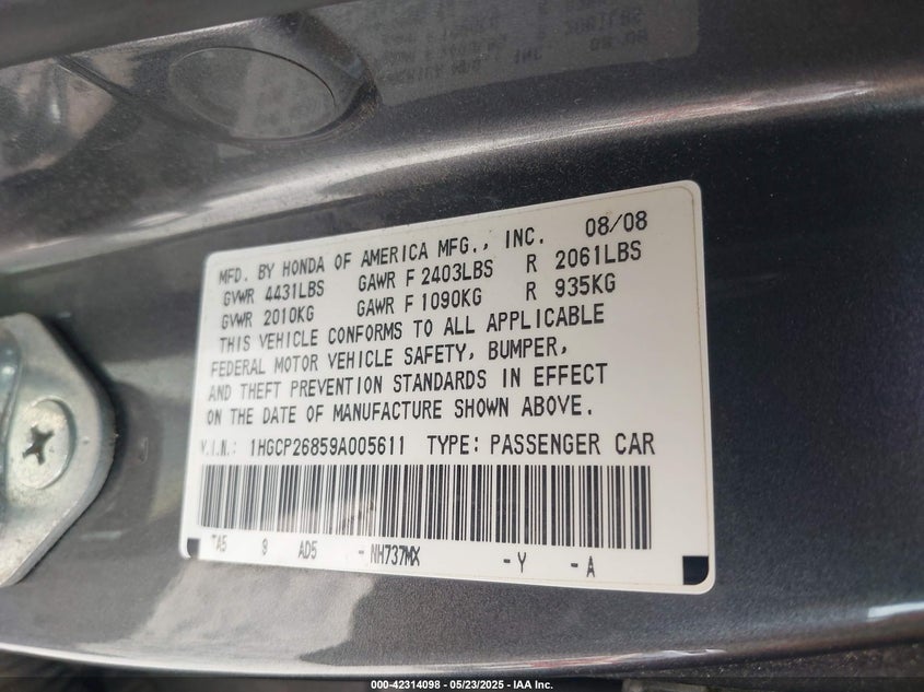 2009 HONDA ACCORD VIN: 1HGCP26859A005611
