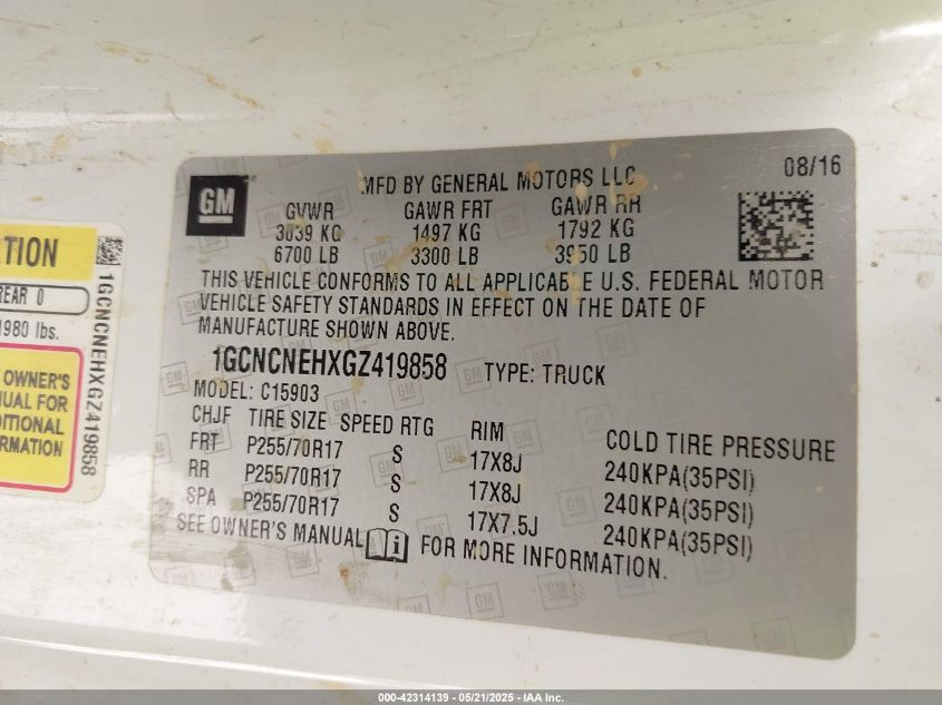 2016 Chevrolet Silverado 1500 Wt VIN: 1GCNCNEHXGZ419858 Lot: 42314139