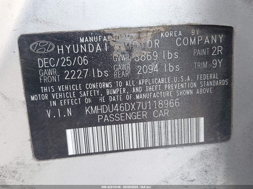2007 HYUNDAI ELANTRA VIN: KMHDU46DX7U118966