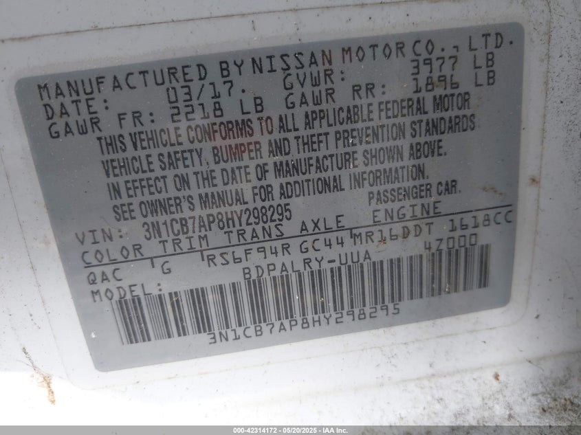 2017 NISSAN SENTRA VIN: 3N1CB7AP8HY298295