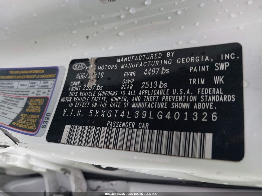 2020 Kia Optima S VIN: 5XXGT4L39LG401326 Lot: 42314205